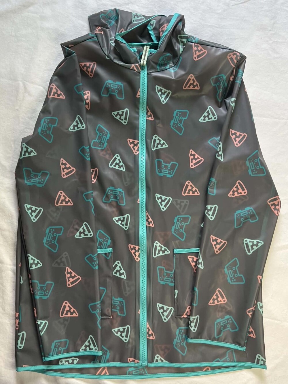 Kids Grey Rain Jacket with Teal & Coral Game Controller Print